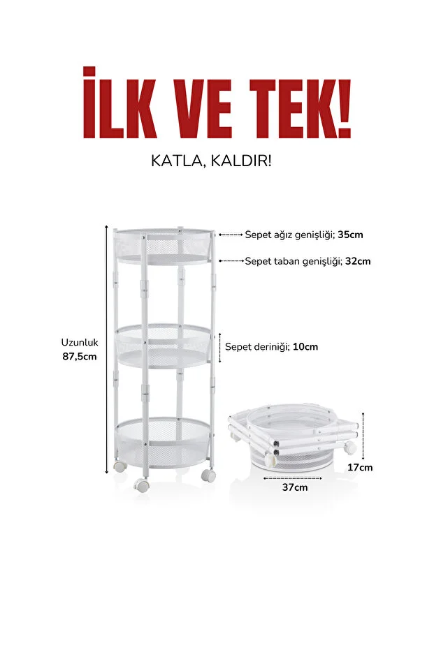 Cornella 3 Katlı Pratik Katlanır Metal Beyaz Renk Tekerlekli Sepet Patates Soğanlık - Çok Amaçlı Organizer
